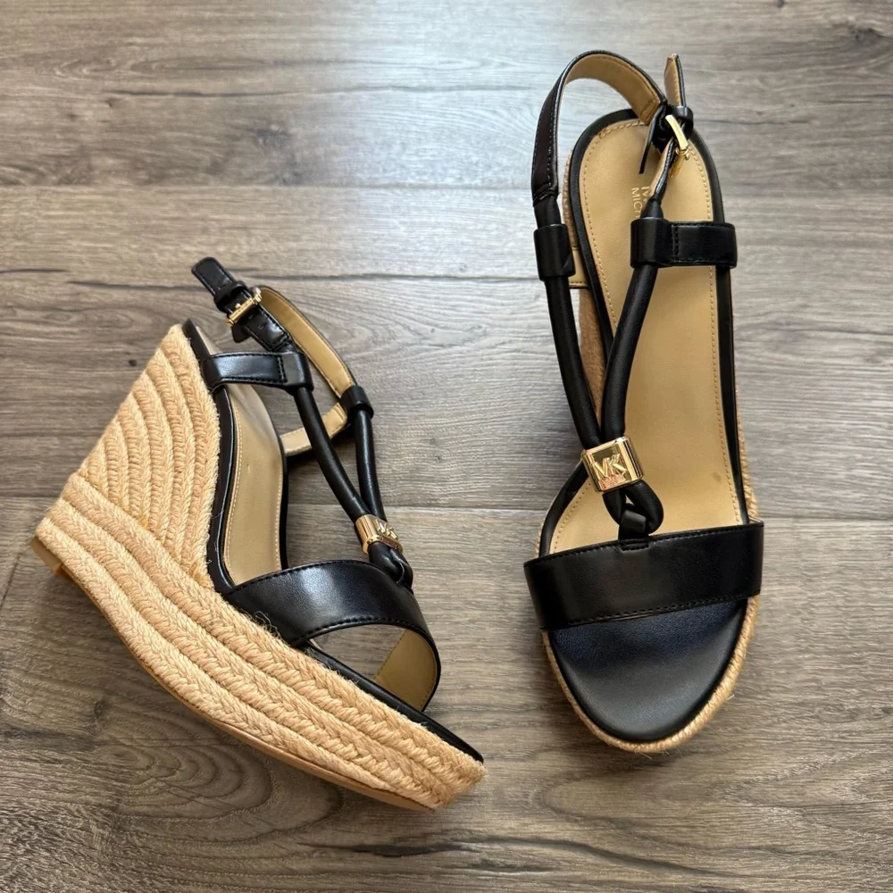 Michael Kors Annie Black Leather Espadrille Wedge Sandals size 7 Women